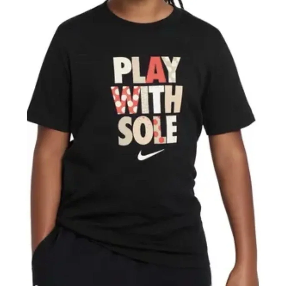 Nike Kids Graphic TShirt XL Black Play w/ Sole Short Sleeve 100 % Cotton Stretch